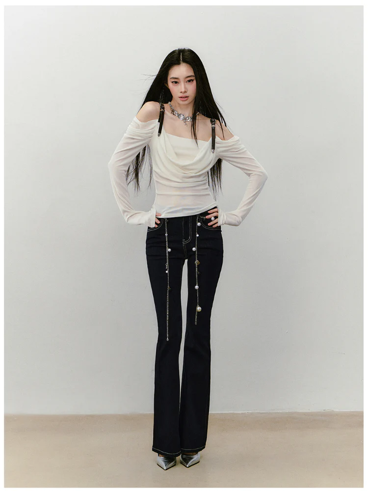 Draped Neck Leather Strap Acetate One-shoulder T-shirt