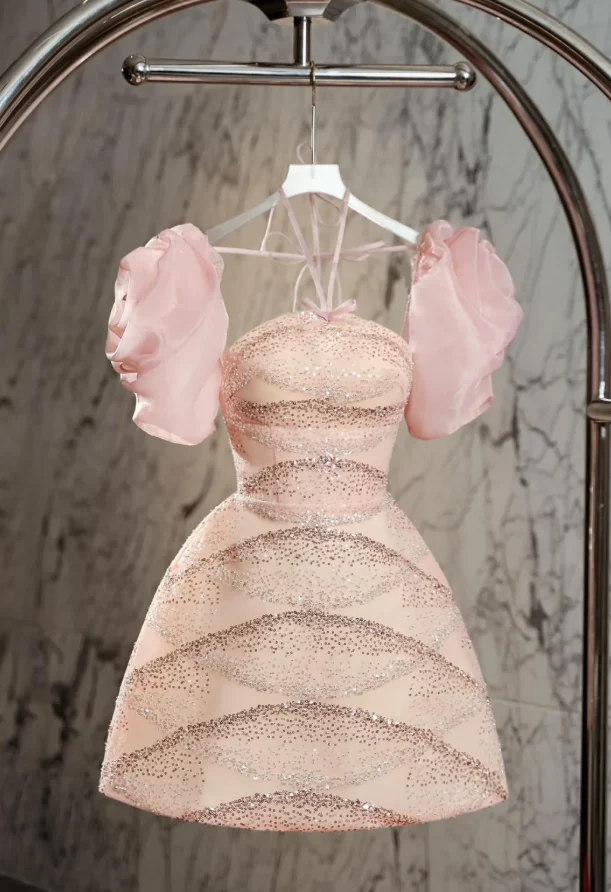 Sweet Pink Satin Sequins Cocktail Dress Short Birthday Outfits Homecoming Dress S368