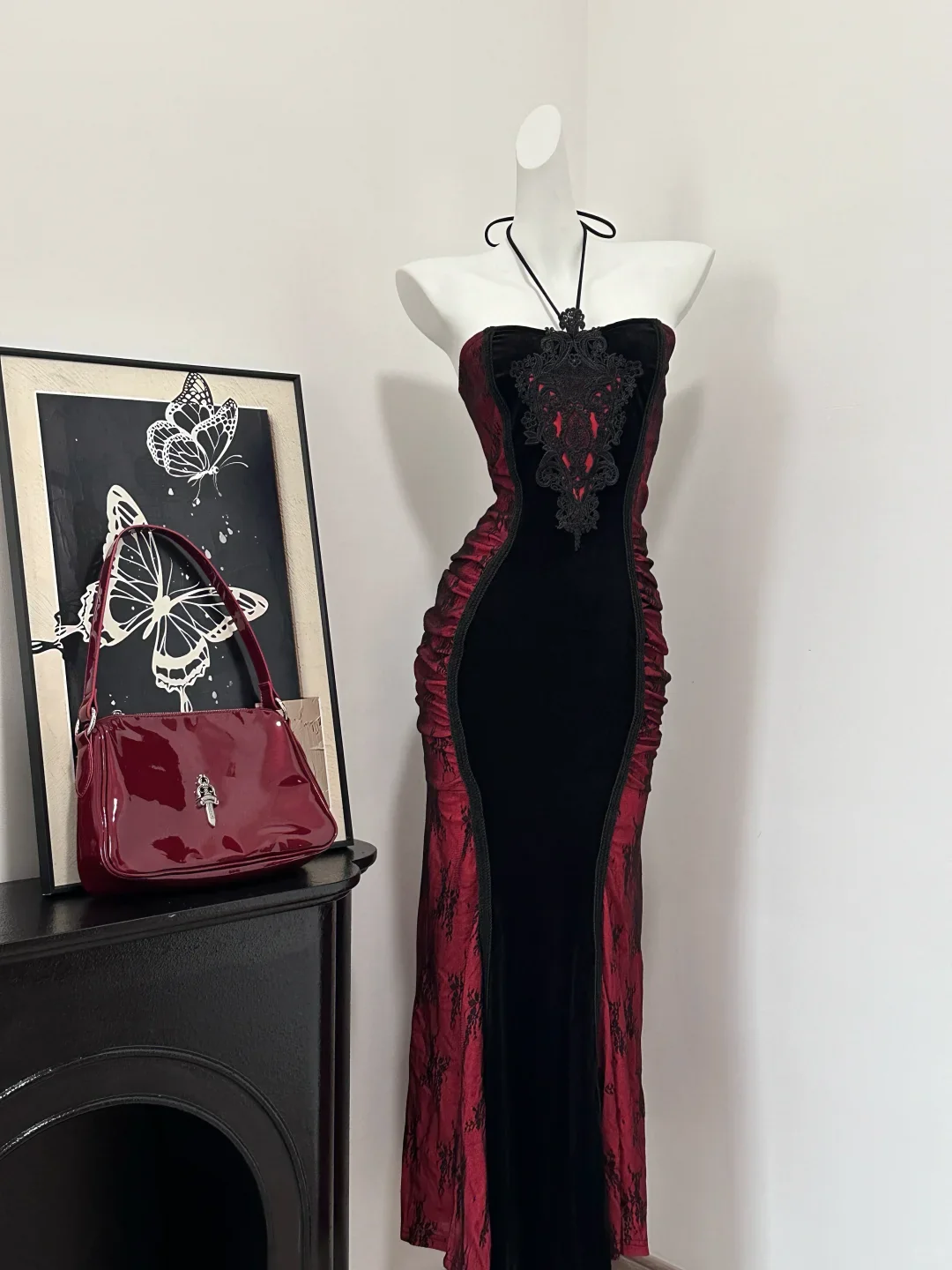 Sexy Halter Burgundy Sheath Long Birthday Party Dress Formal Prom Dress S635