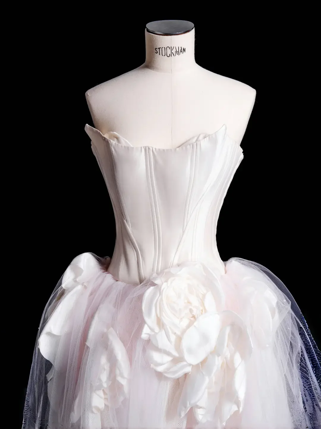 Classy White Satin Pink Tulle Strapless Birthday Dress Wedding Party Dress S479