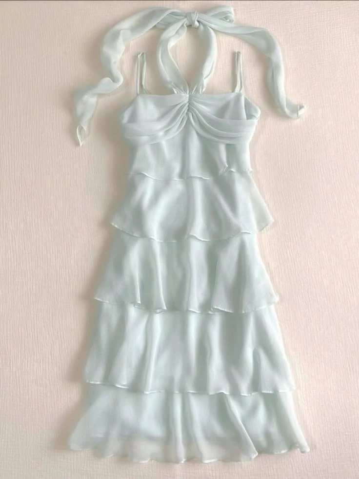 Simple Halter Light Blue Chiffon Layered Short Birthday Outfits Homecoming Dress S777