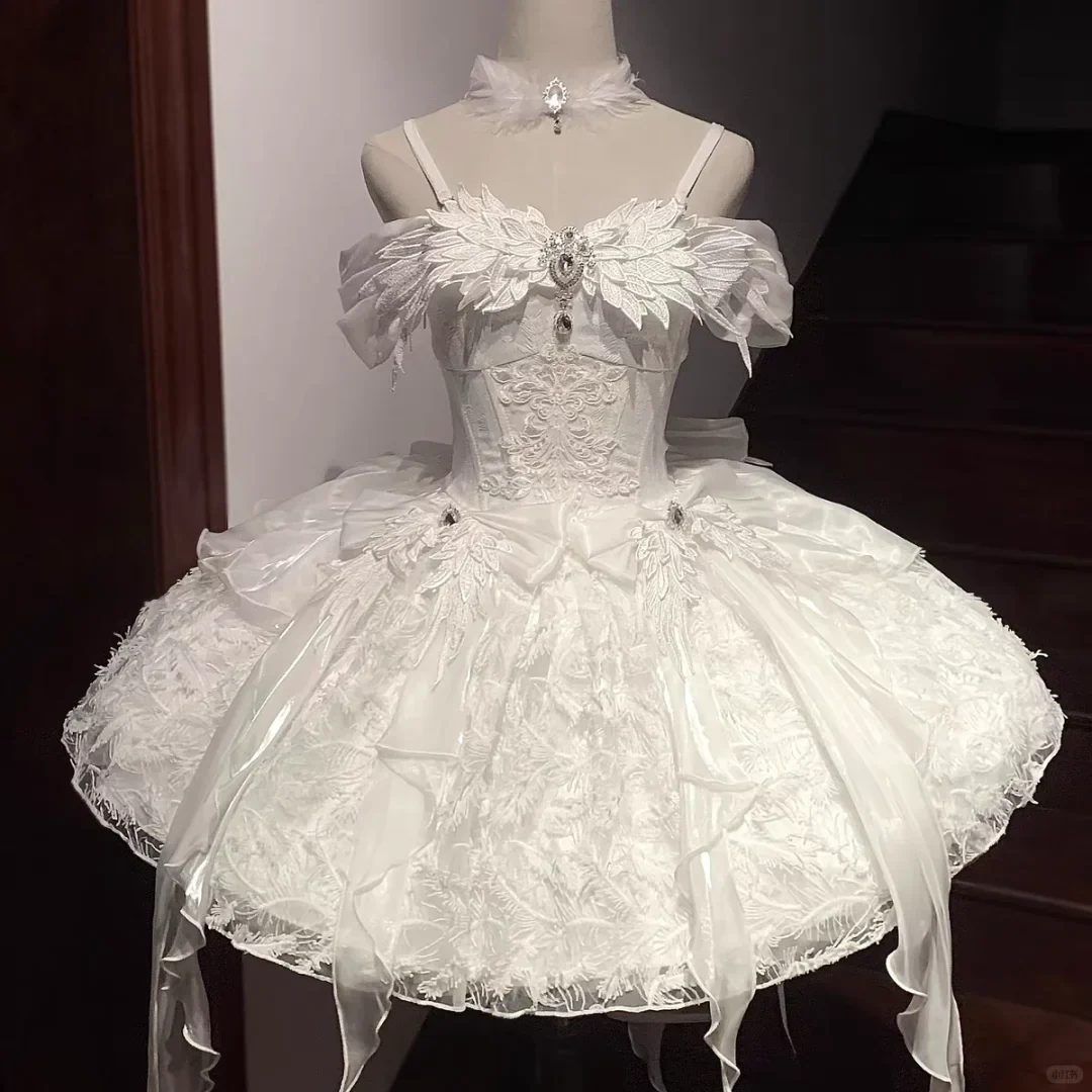 Sweet White Spaghetti Strap Lace Appliques Short Prom Dress Birthday Outfits S735