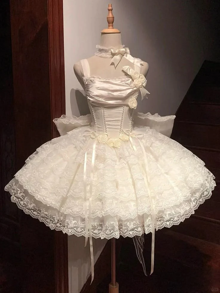 Classy Beige Floral Design Lace Layered Princess Birthday Dress With Big Bow  S397