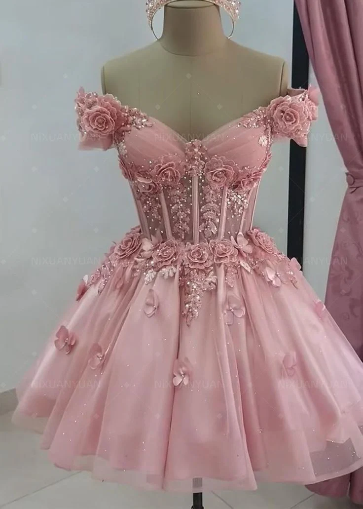 Pretty Off The Shoulder Tulle Appliques Homecoming Dress Pink Short Birthday Dress S681