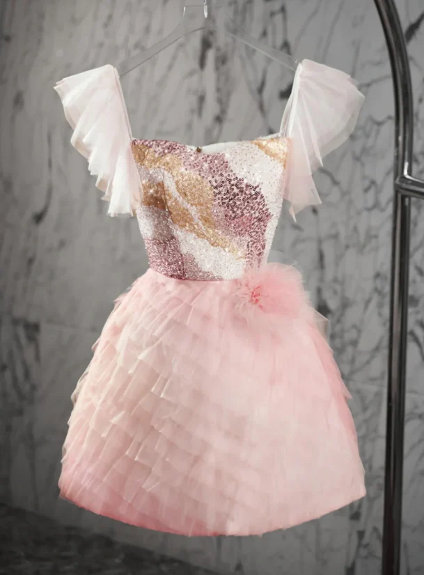 Cute Square Neck Pink Tulle Sequin homecoming Dress Mini Birthday Outfits  S365