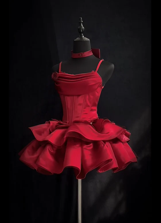 Elegant Red Spaghetti Straps Layered Short Birthday Party Dress 8th Grade Homecoming Dress S653