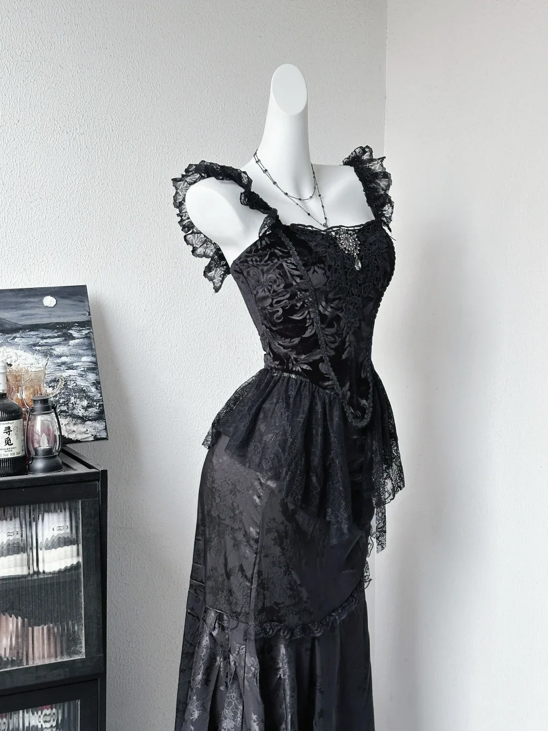 Vintage Black Satin Lace Long Party Dress Evening Dress S648