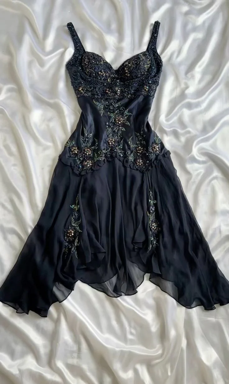 Gorgeous Black Chiffon Satin Beaded A Line Short Birthday Outfits Graduation Homecoming Dress  S782