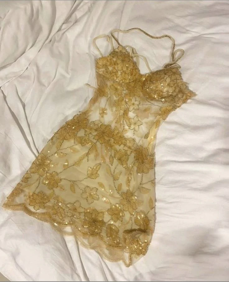 Pretty Spaghetti Straps Gold Sequin Grade Homecoming Dress Short Birthday Outfits Cocktail Dress S347