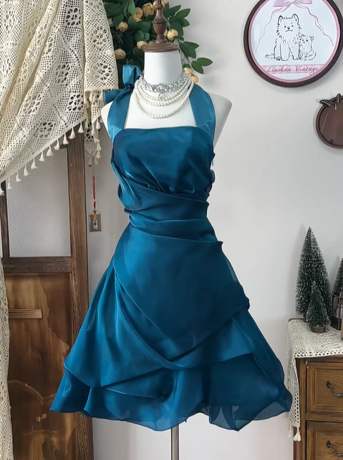 Unique Peacock Blue Halter A Line Homecoming Dress Cocktail Dress S334