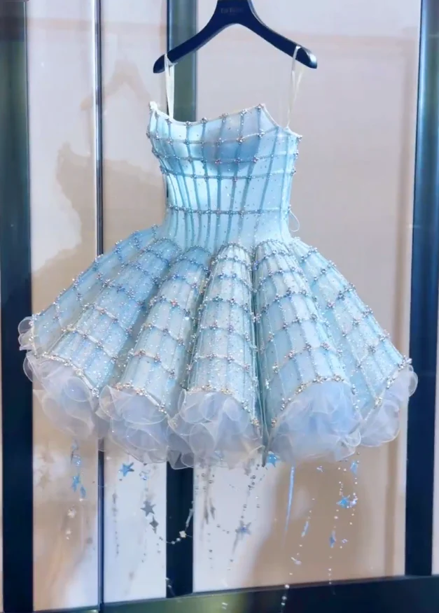 Fantasy Blue Tulle Beaded Short Birthday Dress A Line  Homecoming Dress S357