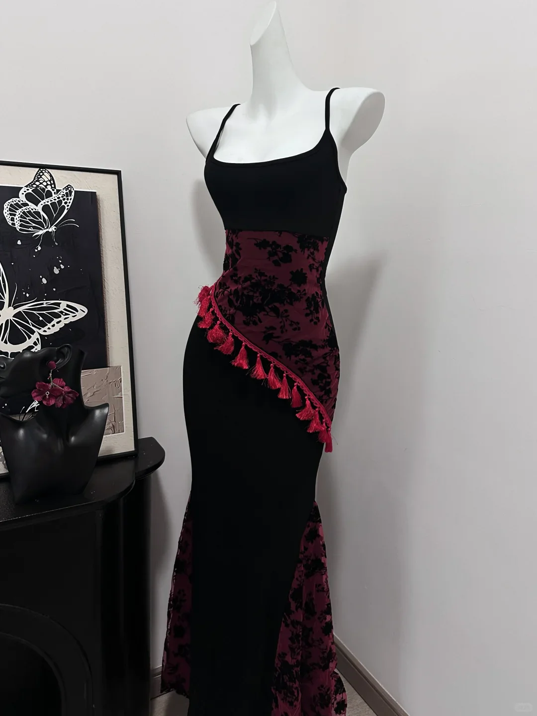 Classy Spaghetti Strap Black Burgundy Sheath Mermaid Birthday Party Dress Evening Gown S630