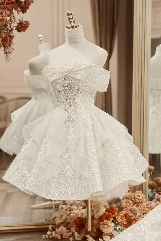 Glitter White Tulle Sequin A Line Short Cocktail Dress Homecoming Dress 18th Birthday Outfits S665