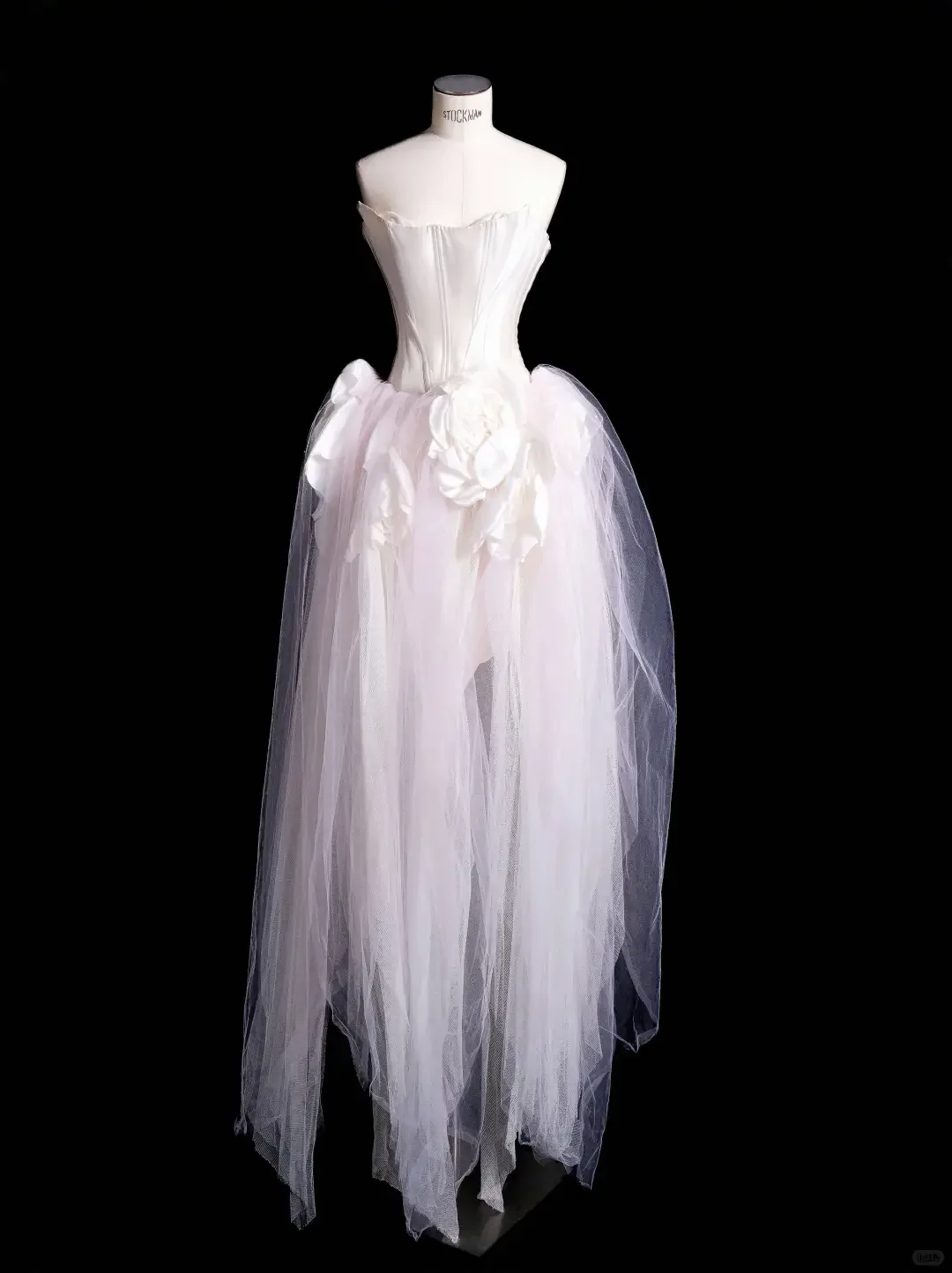 Classy White Satin Pink Tulle Strapless Birthday Dress Wedding Party Dress S479