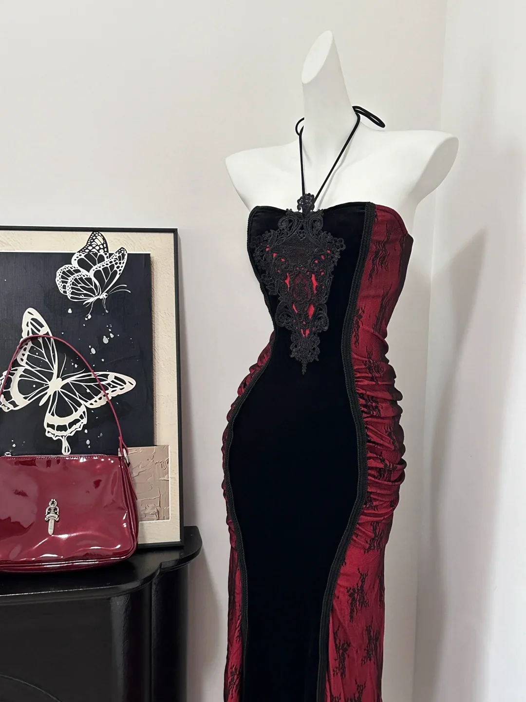 Sexy Halter Burgundy Sheath Long Birthday Party Dress Formal Prom Dress S635