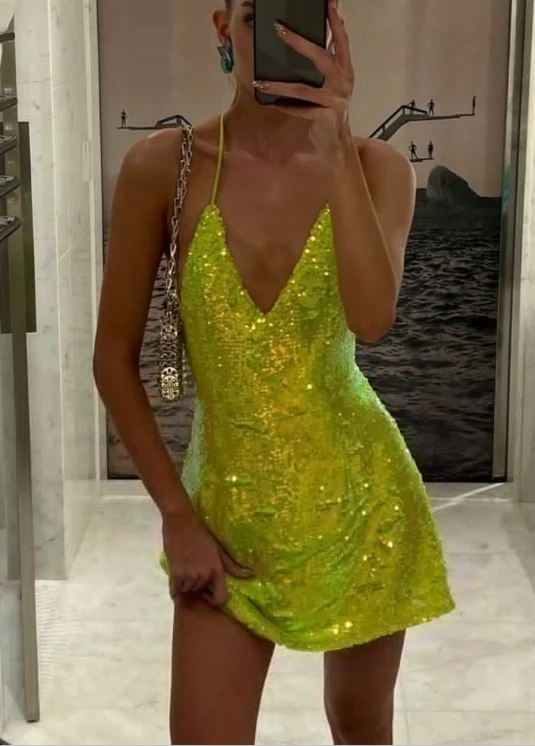 Sexy V Neck Sequin Bright Green Short Party Dress 18th Birthday Outfits S794