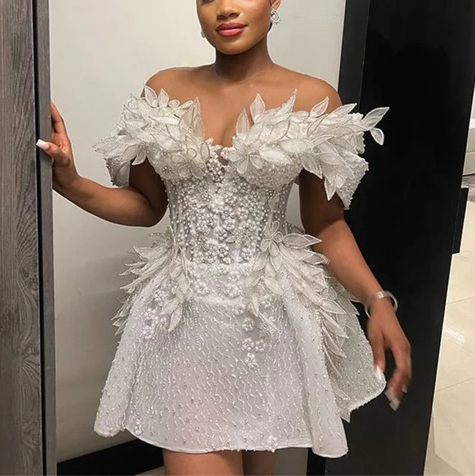 Vintage Pearls Beaded Floral Short Cocktail Dress Birthday Dress White Off The Shoulder Homecoming Dress S688