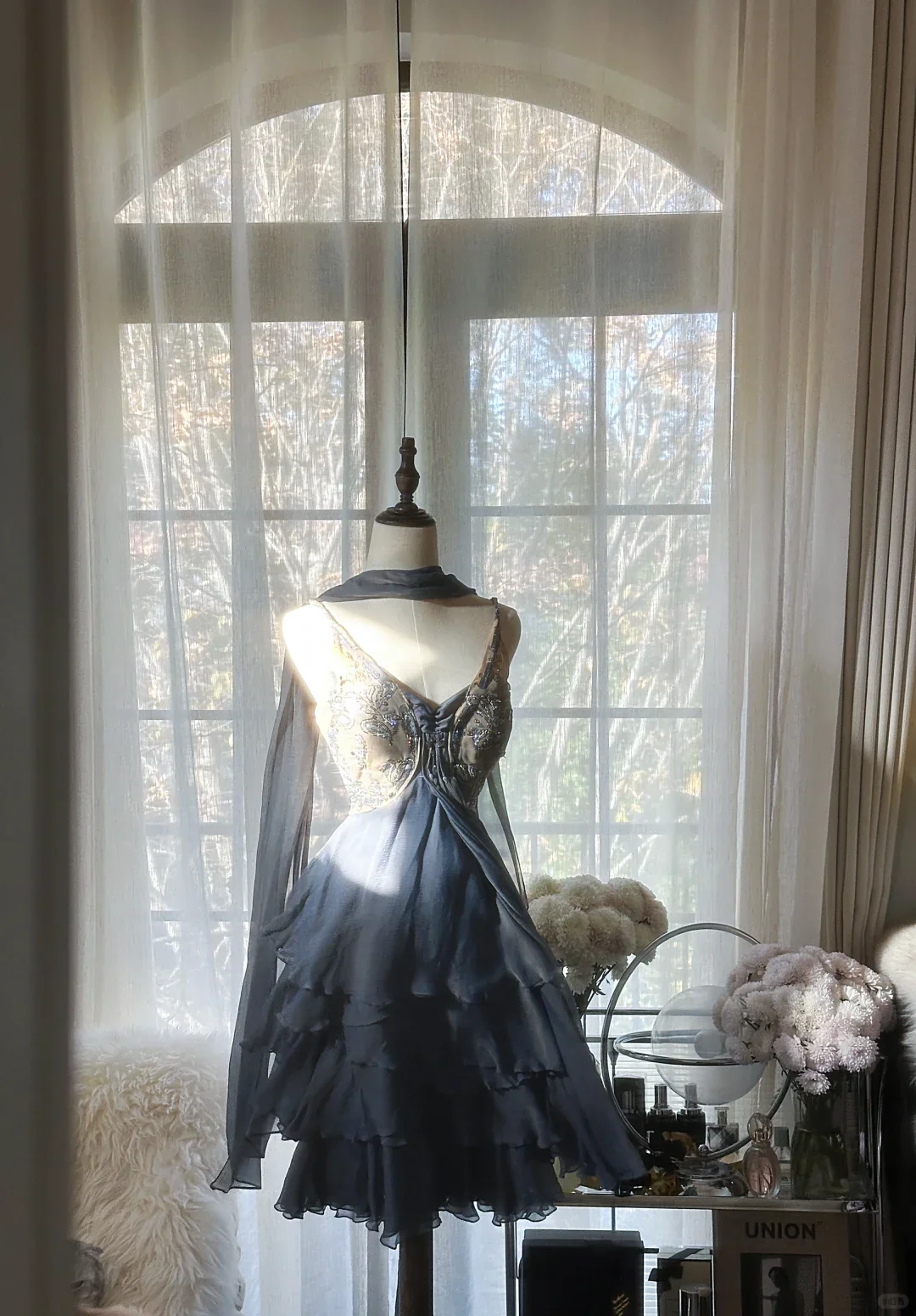 Stylish Spaghetti Straps V Neck Chiffon Sequin Cocktail Dress Blue Short Birthday Outfits Homecoming Dress S730