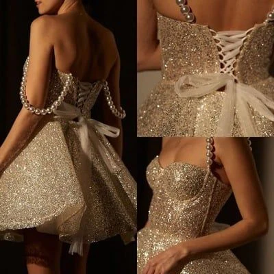 Glitter Champagne Sequin A Line Homecoming Dress Cocktail Dress Spaghetti Straps Short Birthday Dress S682