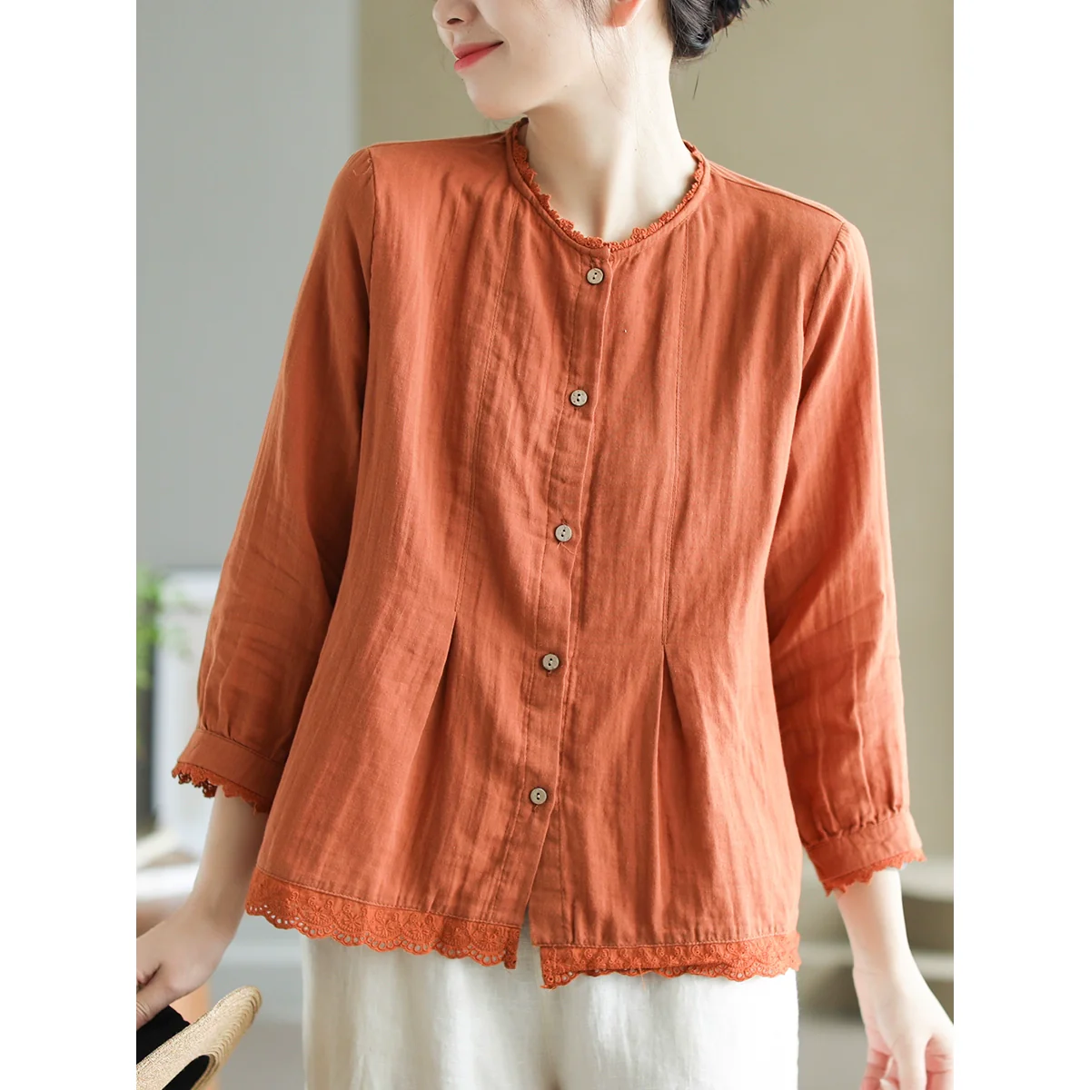 Women Autumn Cotton Lace Trim Round Neck Shirt