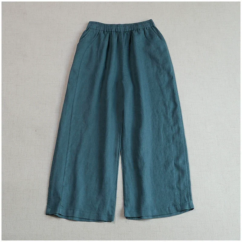Women Summer Retro Linen Solid Color Loose Cropped Pants