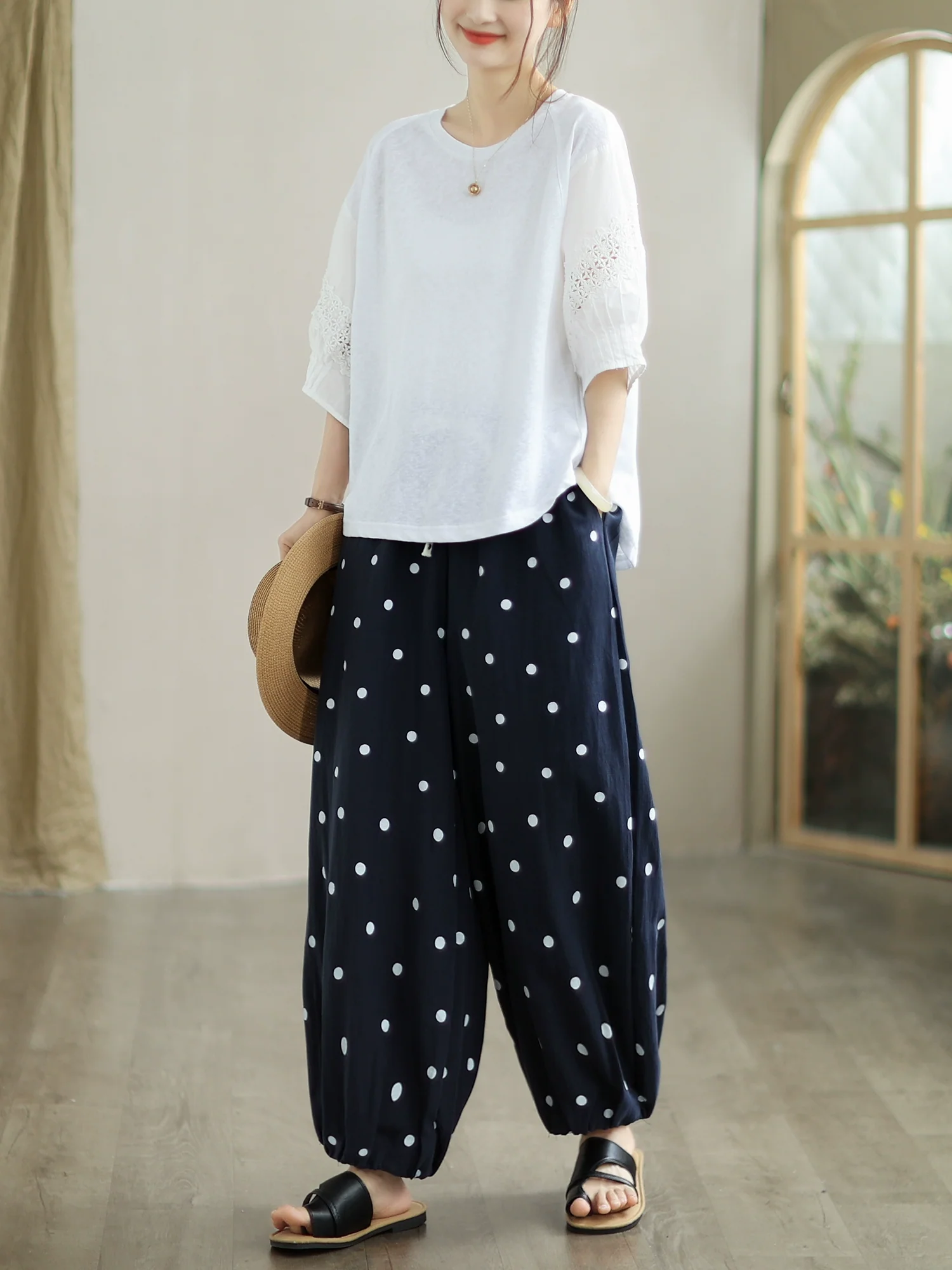 Summer Retro Linen Casual Polka Dots Lace Up Pants