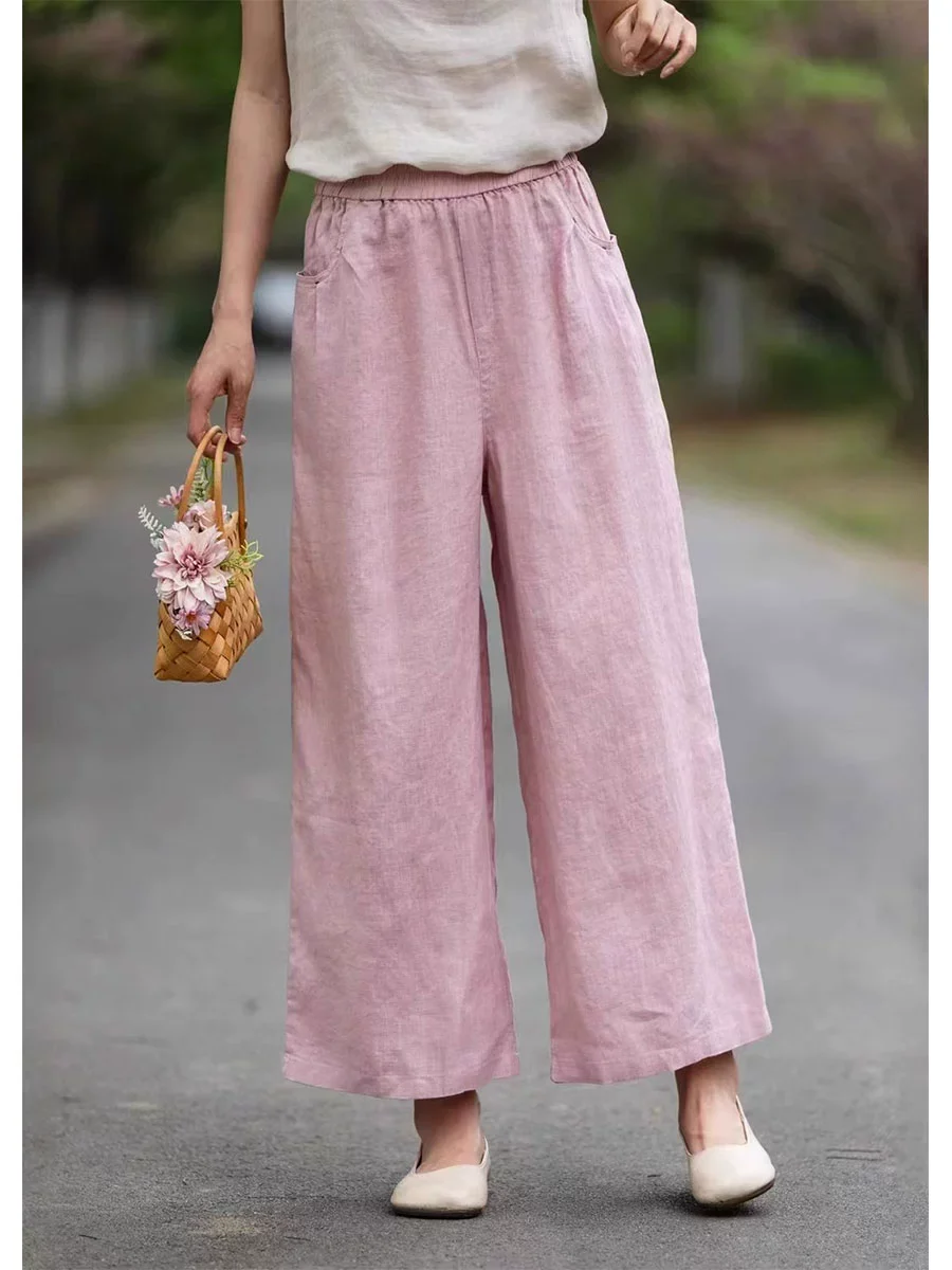 Summer Linen High Elastic Waist Loose Versatile Solid Color Pants