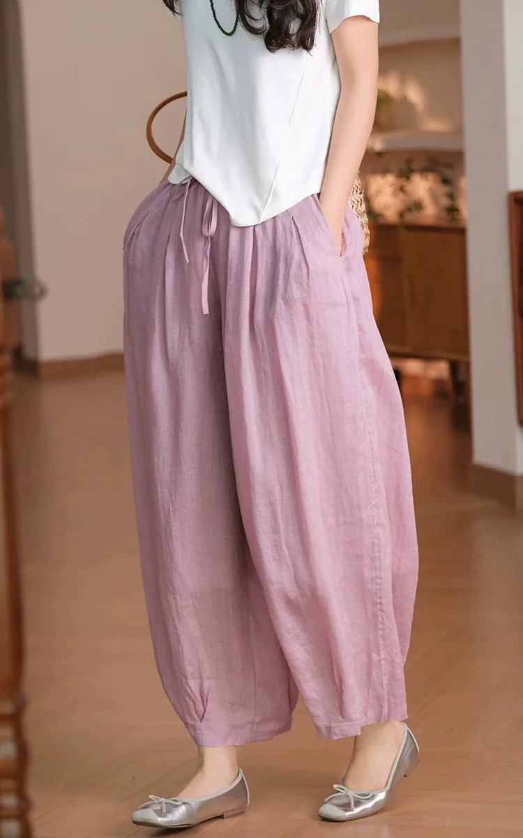 Retro Linen Versatile Double-Layer Casual Loose Elastic Waist Lace Up Pants