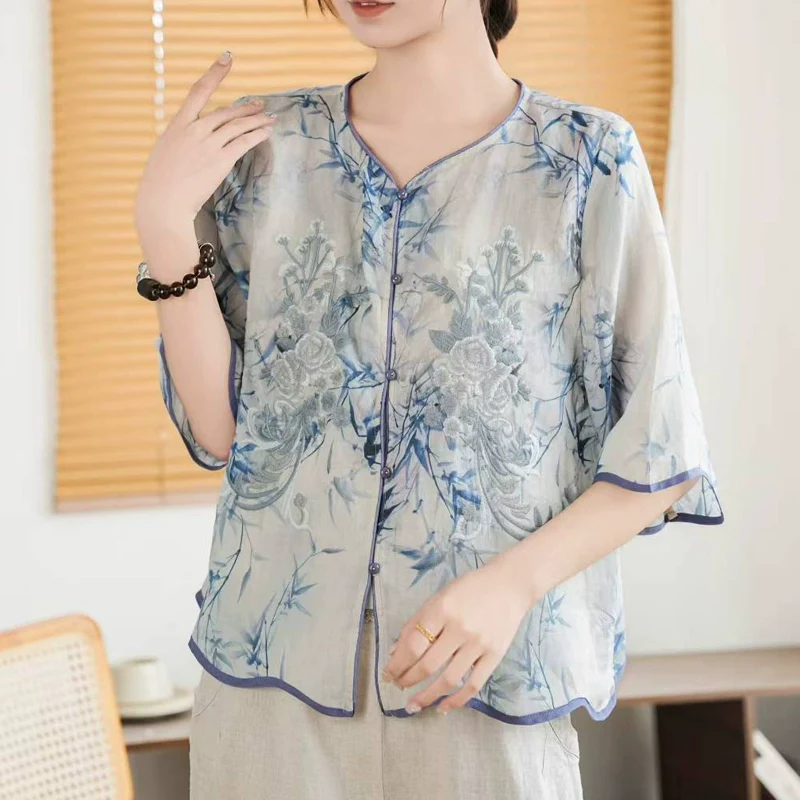 Women Summer Ramie Retro V-Neck Embroidered Loose Shirt