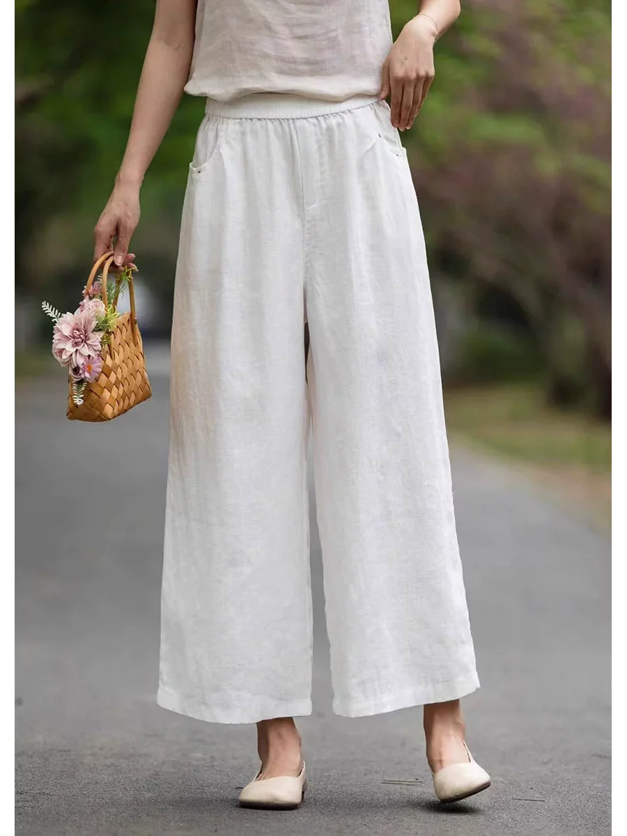 Summer Linen High Elastic Waist Loose Versatile Solid Color Pants