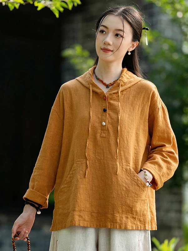 Autumn Women Retro Linen Long Sleeves Casual Hoodie Shirt