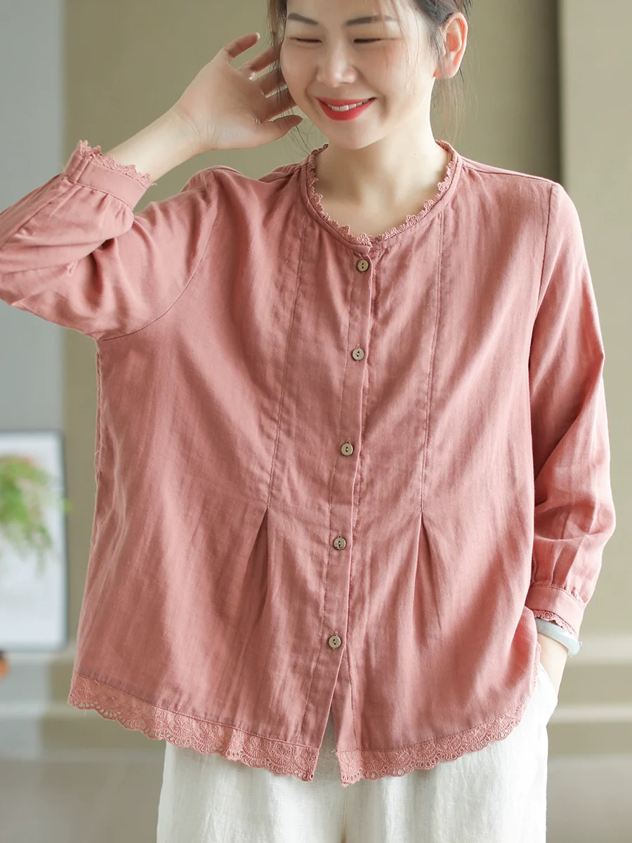 Women Autumn Cotton Lace Trim Round Neck Shirt