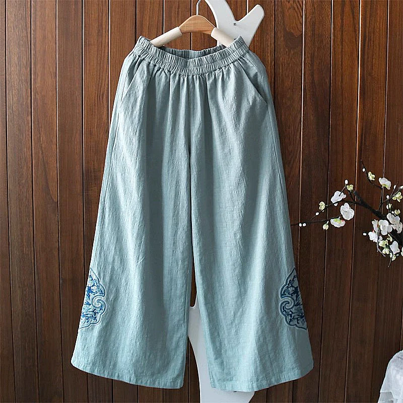 Women Autumn Linen Loose Embroidered Comfortable Pants