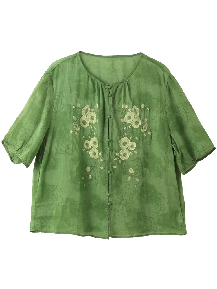 Summer Ramie Embroidered Casual Round Neck Shirt
