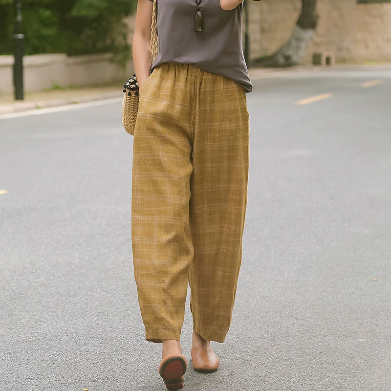 Women Summer Retro Linen Casual Plaid Loose Pants