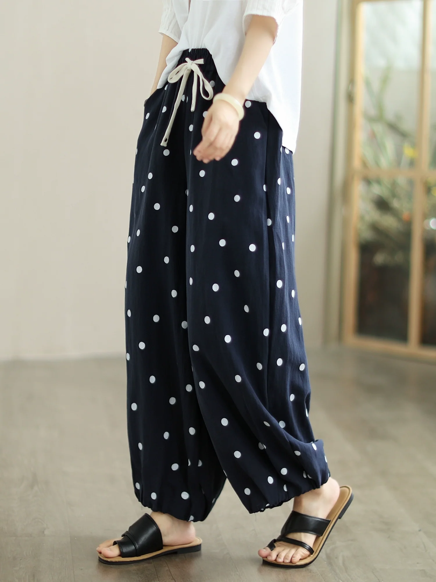 Summer Retro Linen Casual Polka Dots Lace Up Pants