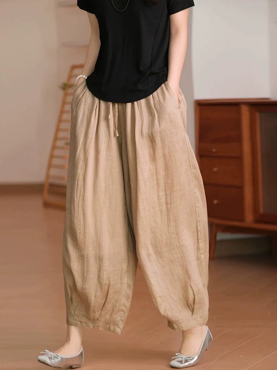 Retro Linen Versatile Double-Layer Casual Loose Elastic Waist Lace Up Pants