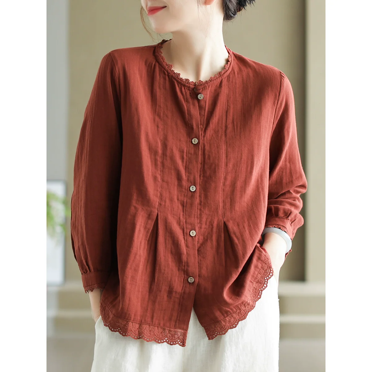 Women Autumn Cotton Lace Trim Round Neck Shirt