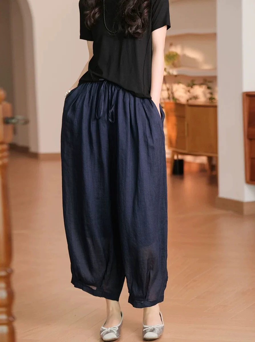 Retro Linen Versatile Double-Layer Casual Loose Elastic Waist Lace Up Pants