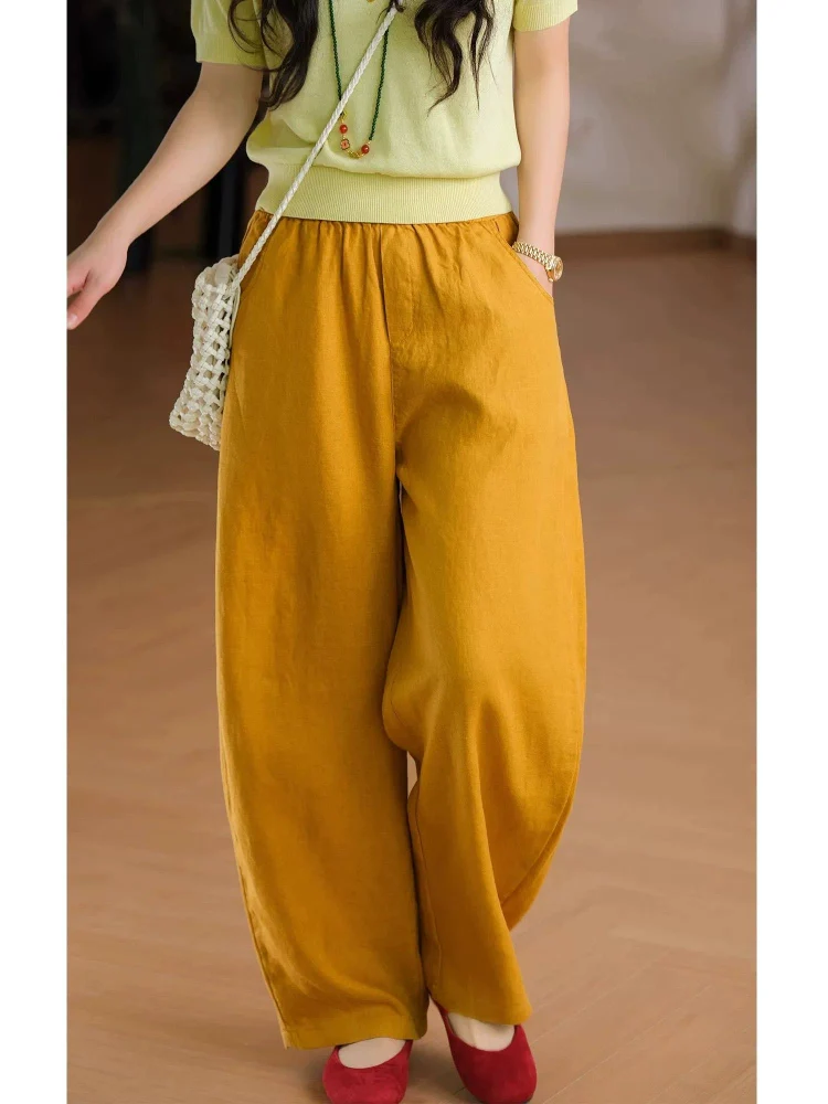 Spring Linen Casual Elastic Waist Loose Pocketed Pants