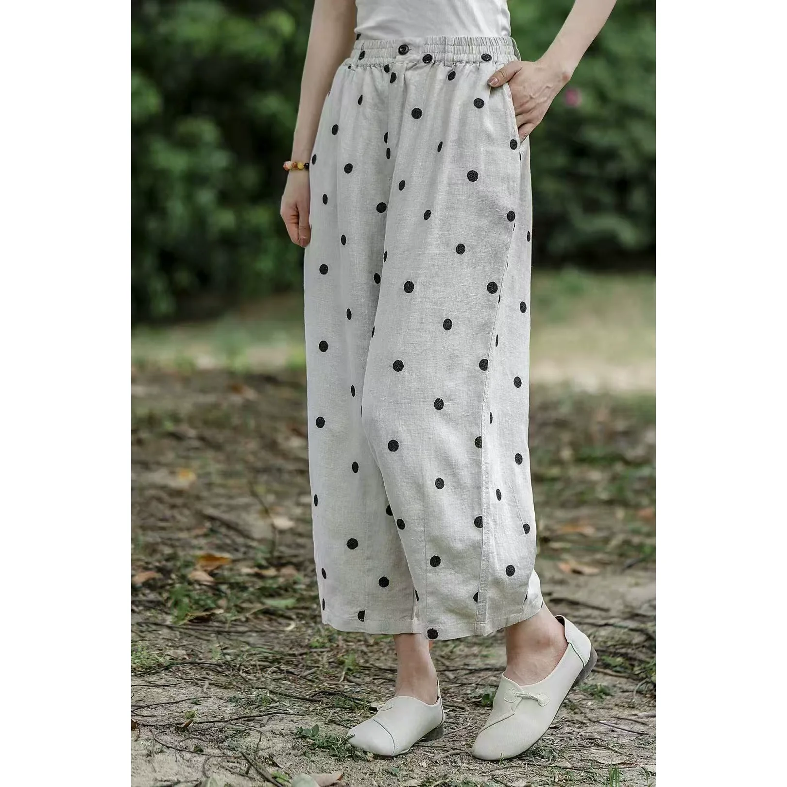 Women Spring Retro Linen Polka Dot Loose Versatile Harem Pants