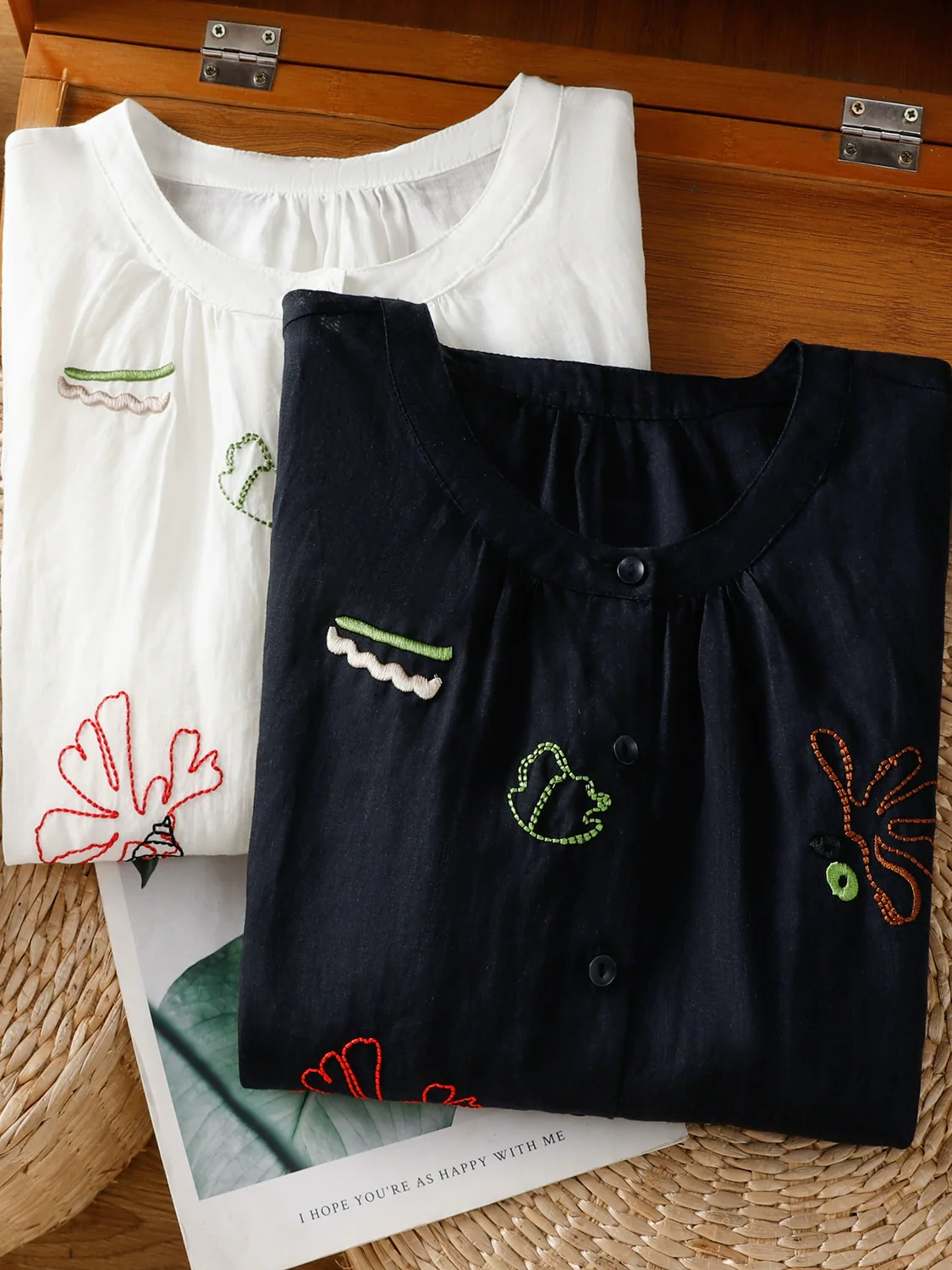 Retro Ramie Round Neck Casual Loose Thin Embroidered Shirt