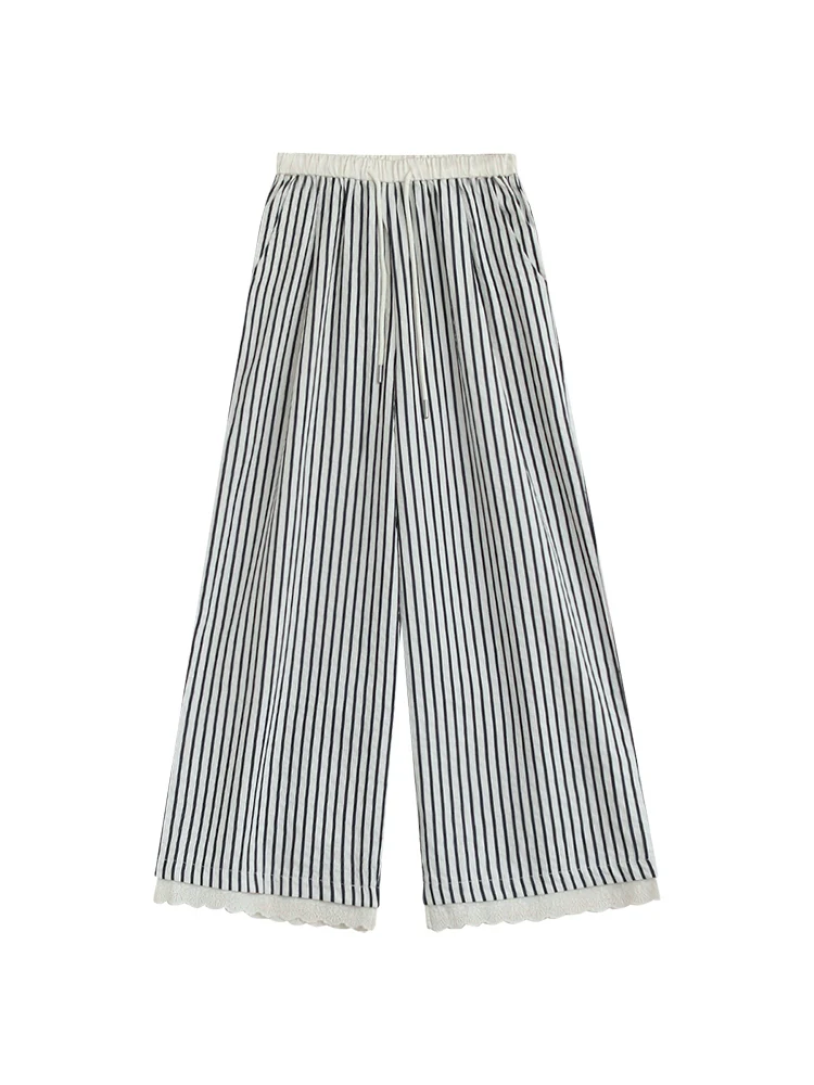 Women Retro Cotton Striped Scalloped Hem Lace Up Pants