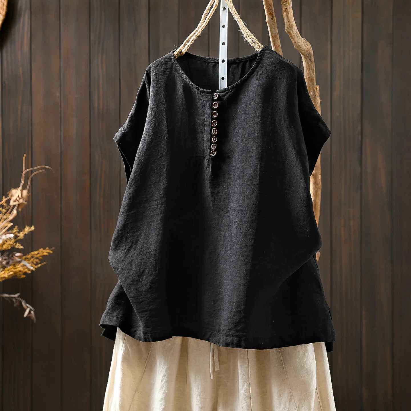 Summer Linen Breathable Round Neck Loose Casual Tops