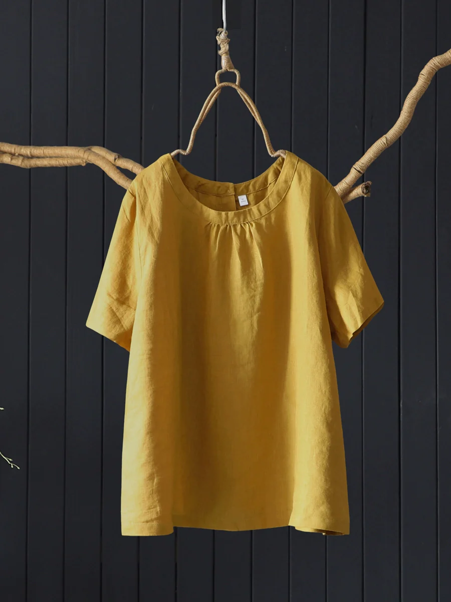 Retro Summer Linen Round Neck Loose Solid Color T-Shirt