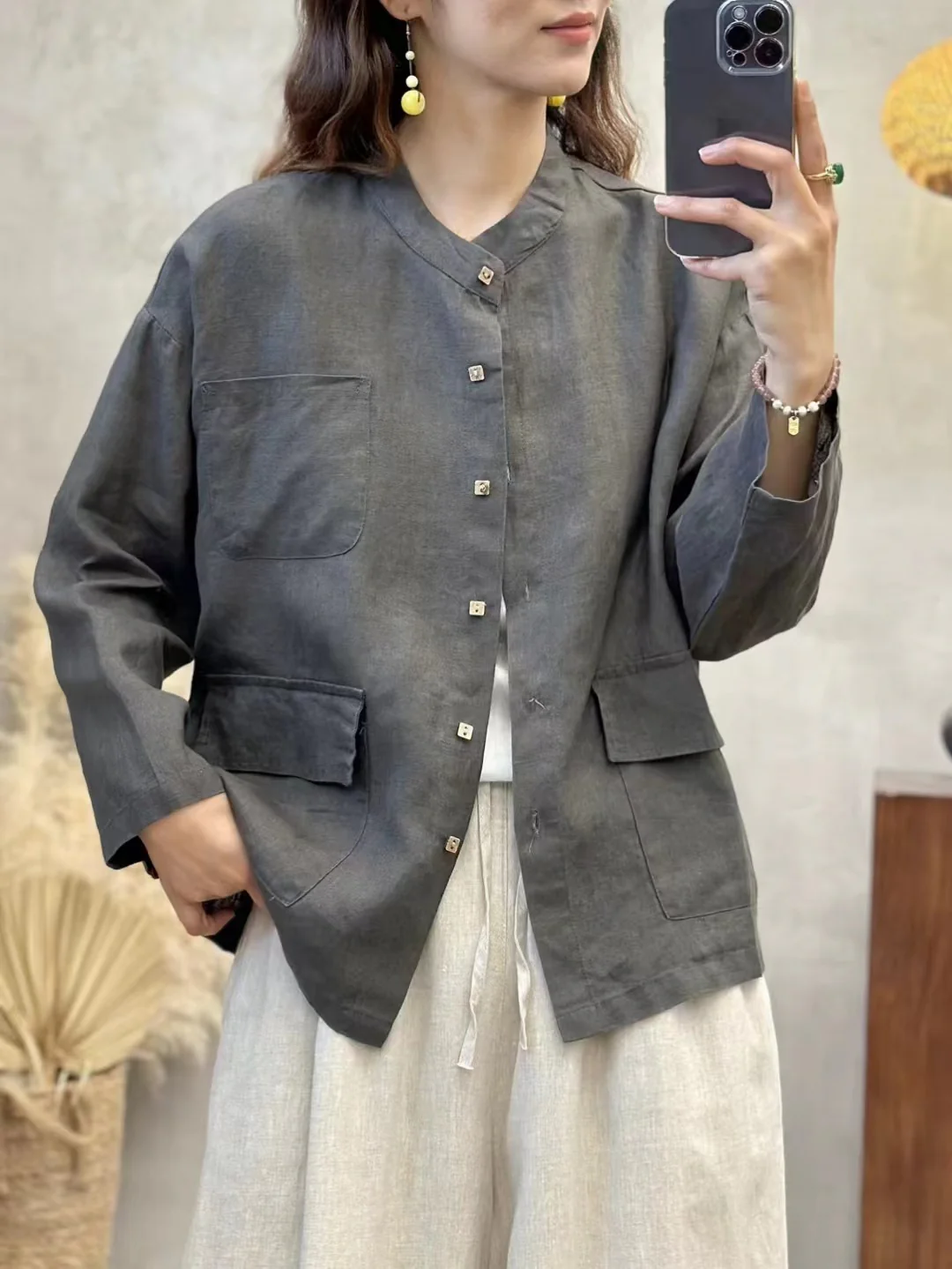 Autumn Retro Linen Washed Versatile Stand Collar Shirt