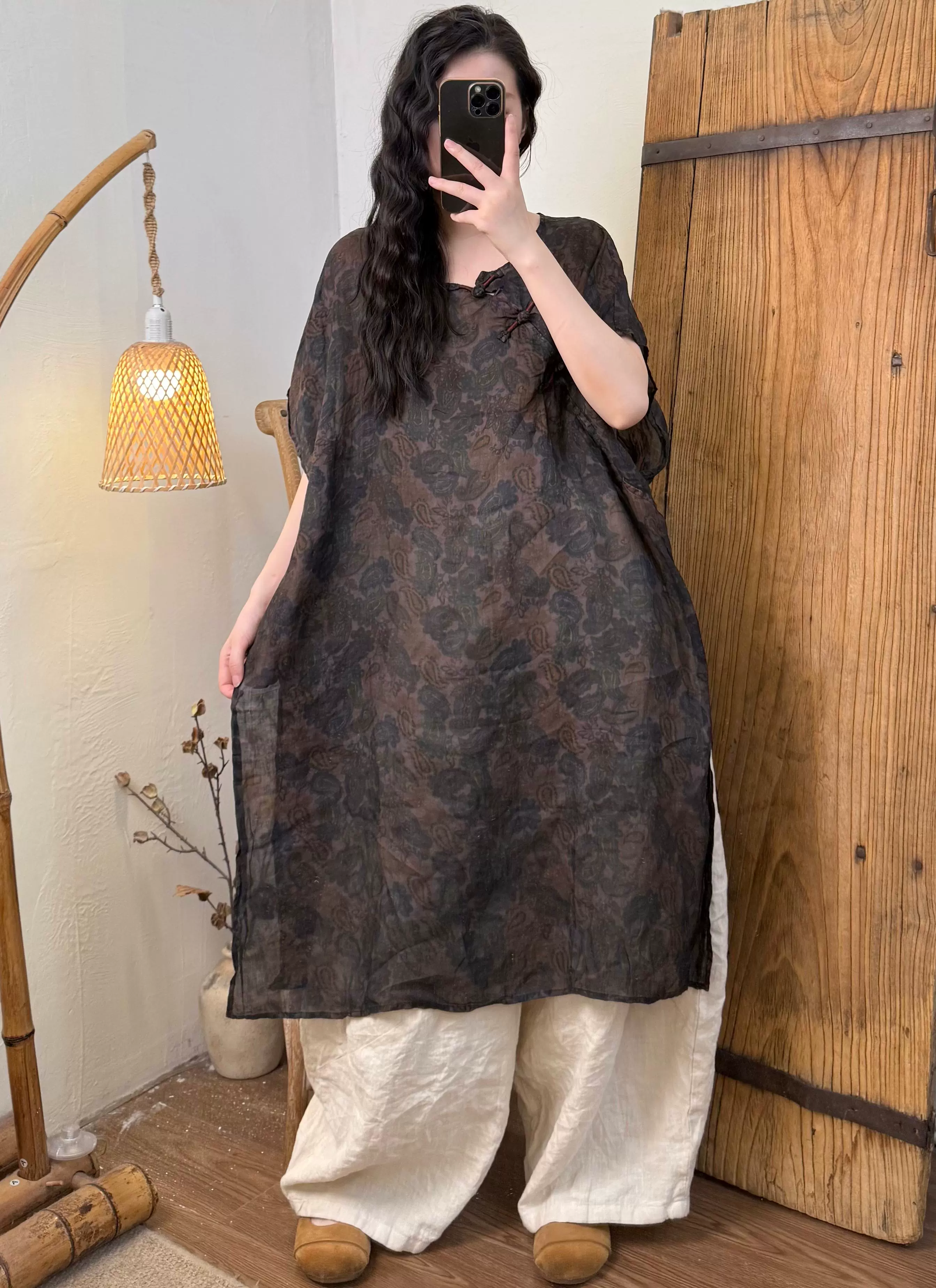 Summer Retro Ramie Casual Floral Frog Button Shirt