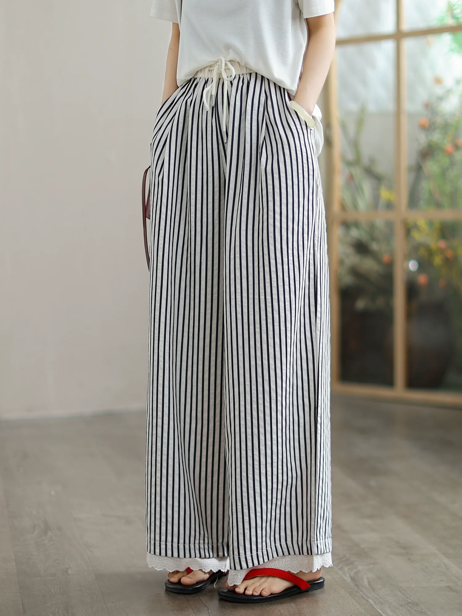 Women Retro Cotton Striped Scalloped Hem Lace Up Pants
