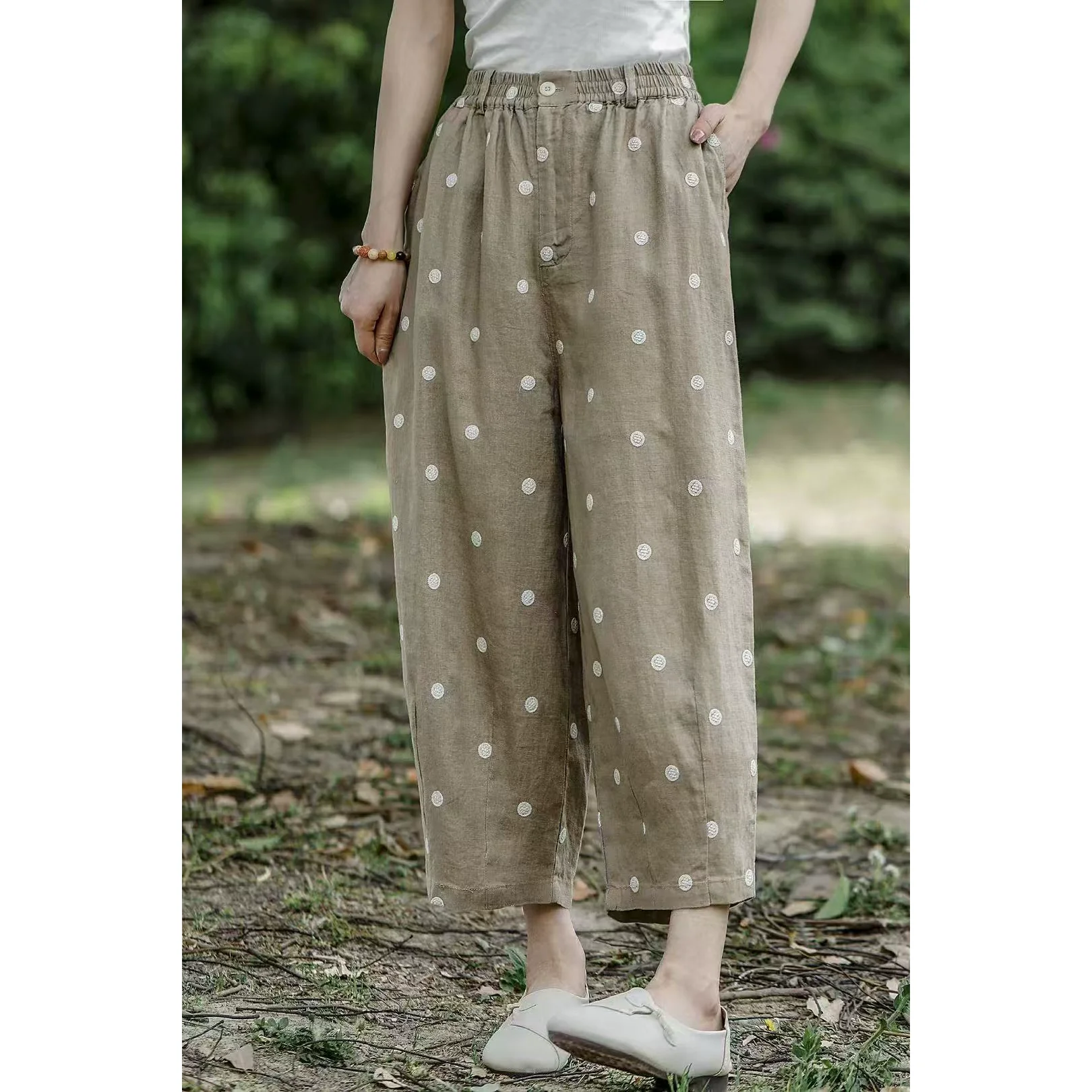 Women Spring Retro Linen Polka Dot Loose Versatile Harem Pants
