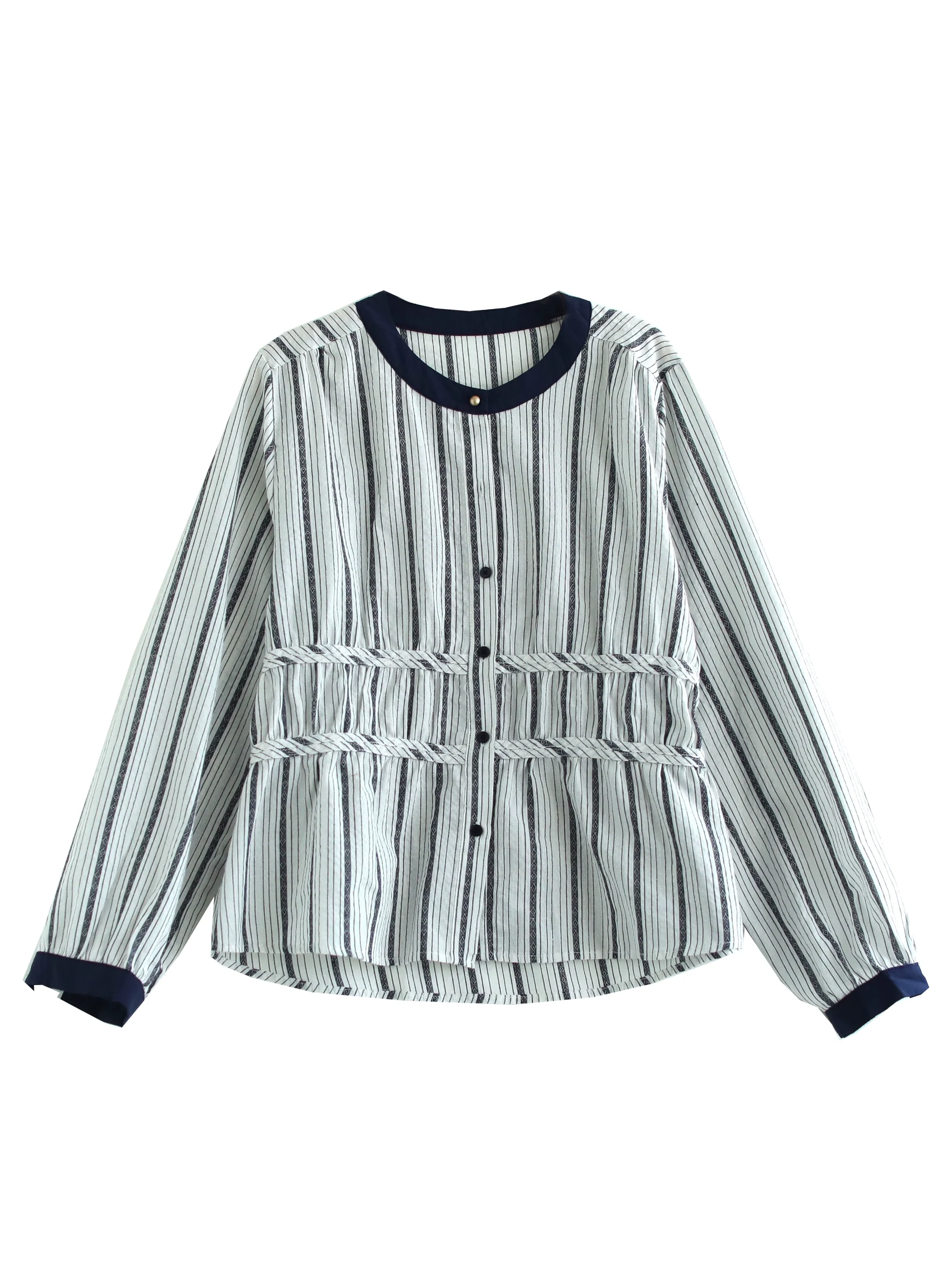 Autumn Cotton Striped Round Neck Patchwork Shirt